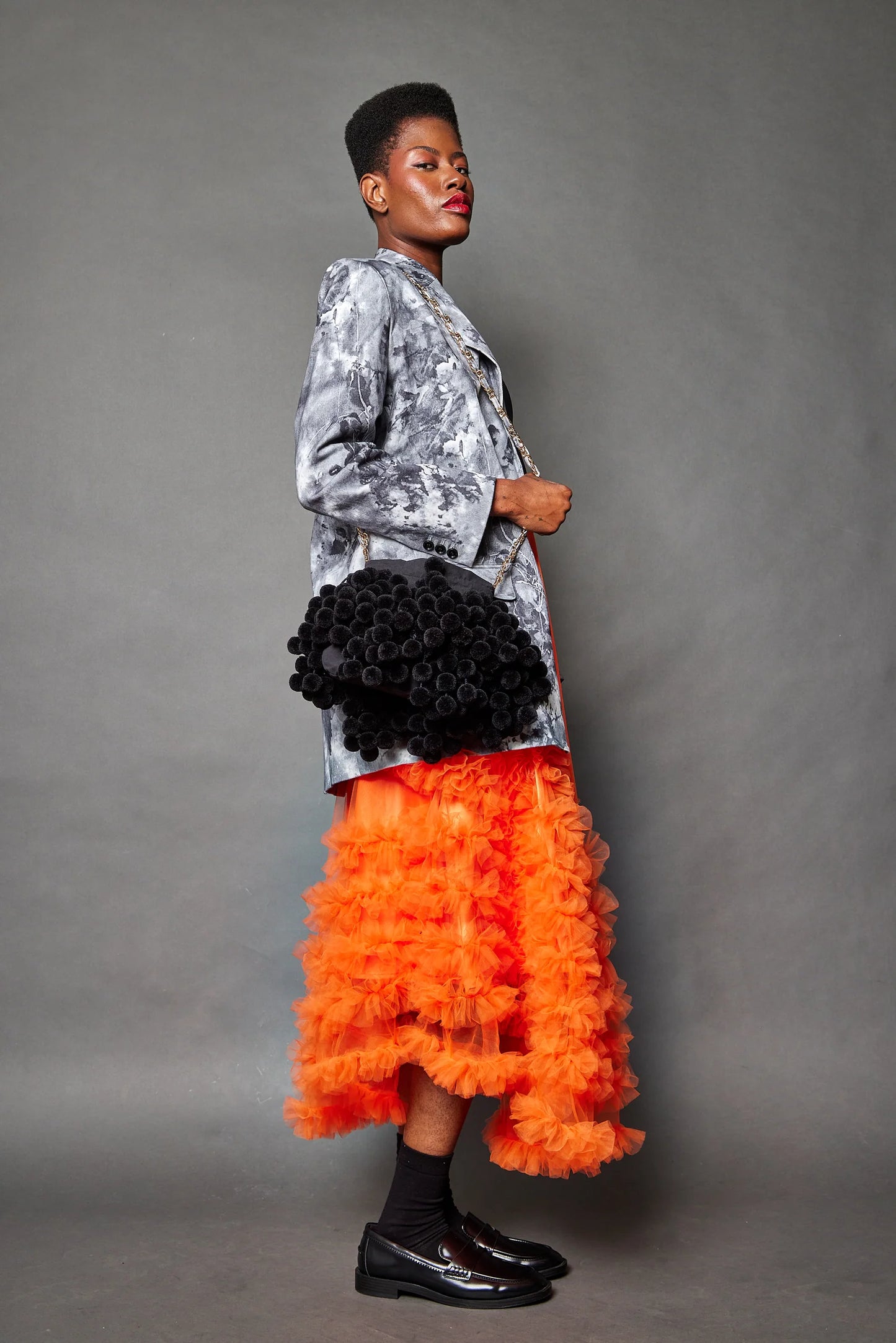 Black Pom-Pom Bag with Icon Charm
