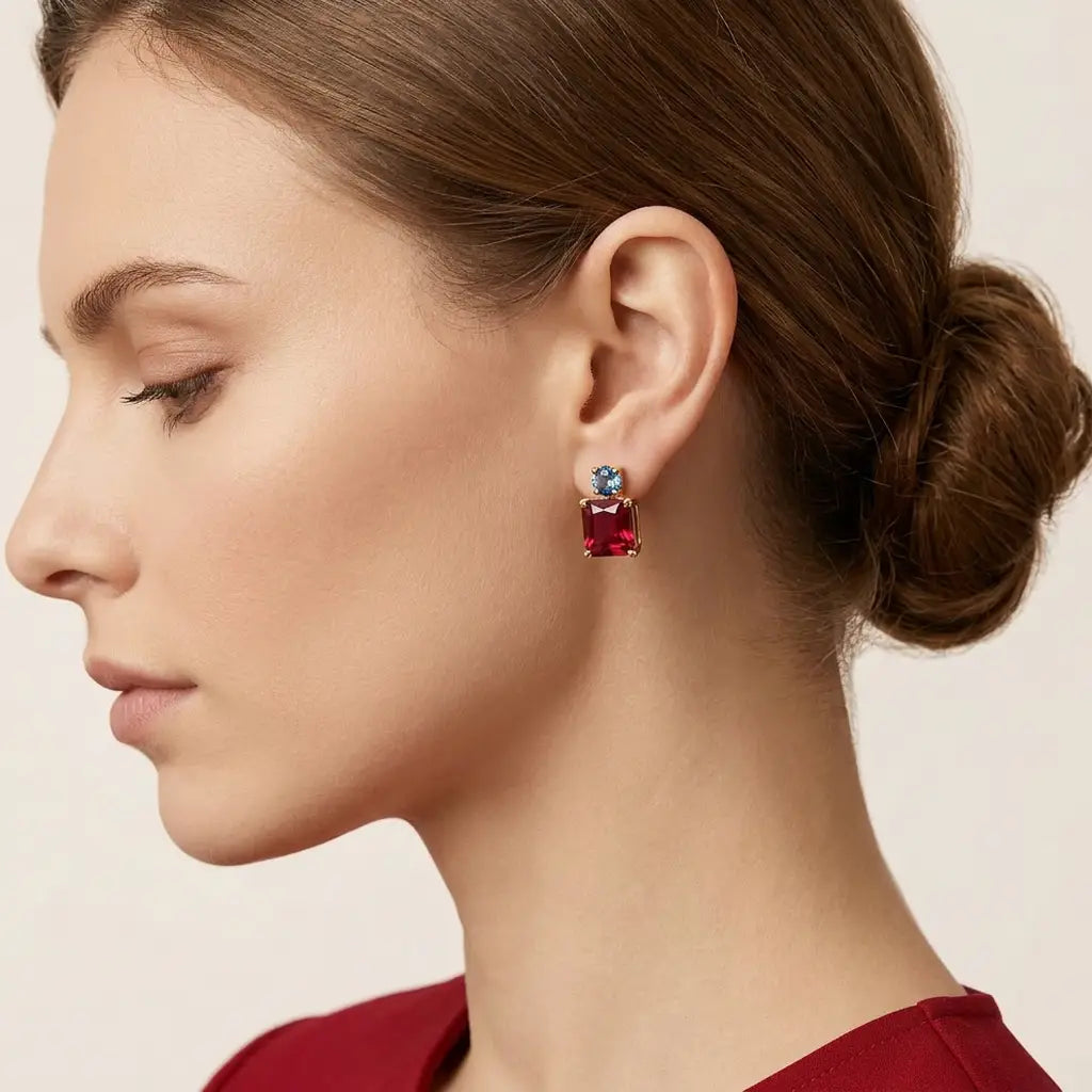 Garnet & Aquamarine Delicate Studs