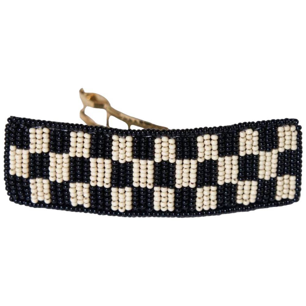 Theresa Checked black + White Beaded Hair Barrette