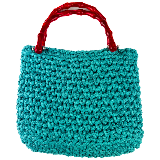 The Teal Frankie Handbag with Red Bamboo Handles