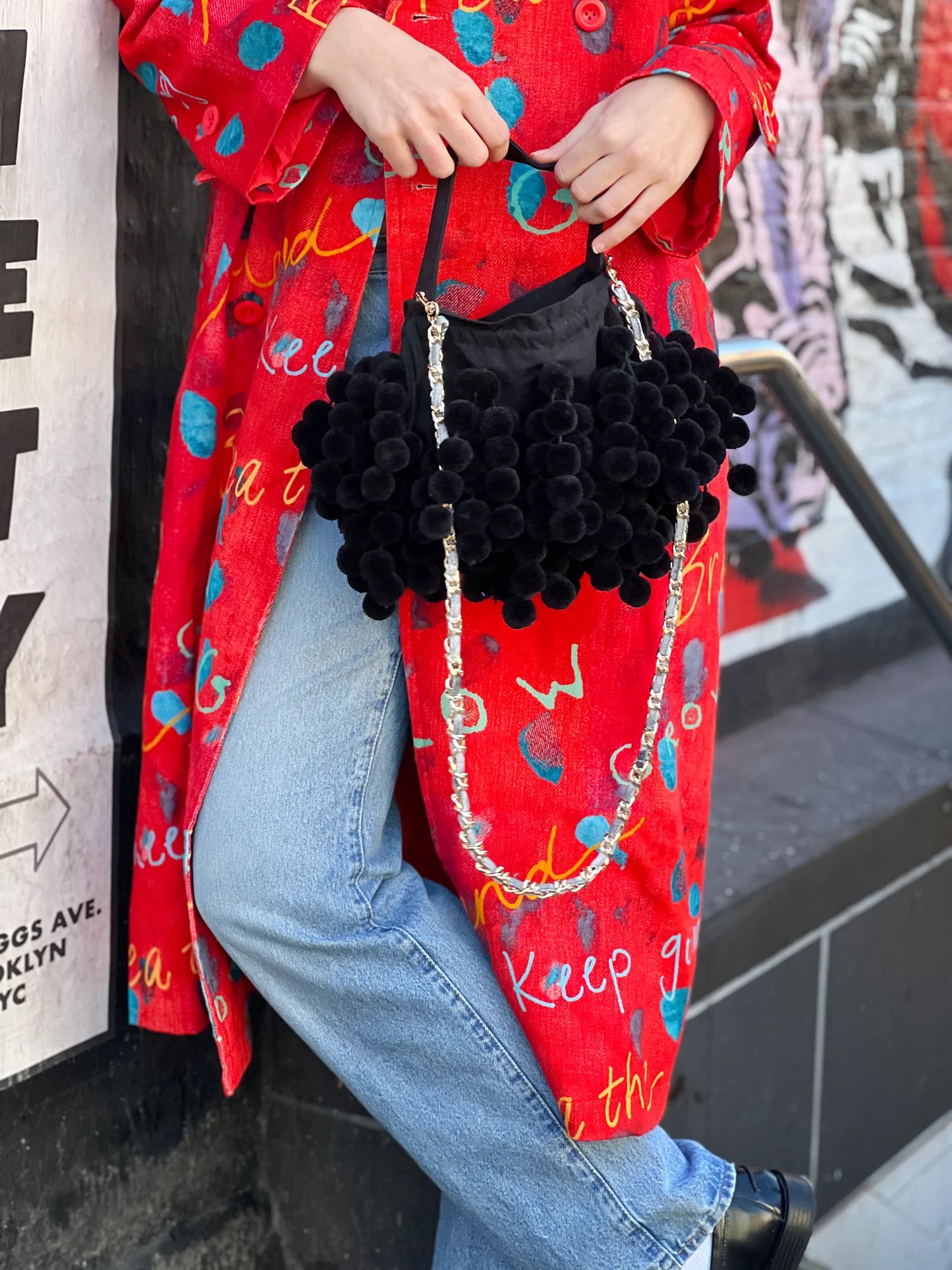 Black Pom-Pom Bag with Icon Charm