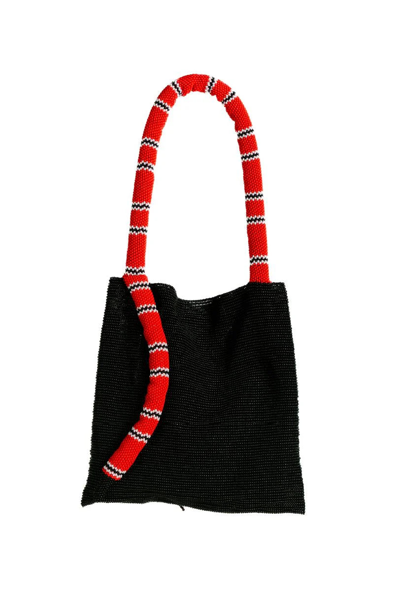 Red and White Serpent Hand Beaded Bag