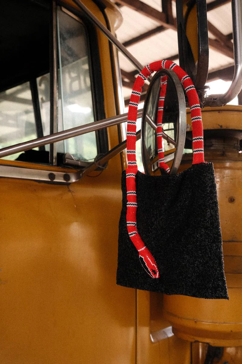 Red and White Serpent Hand Beaded Bag