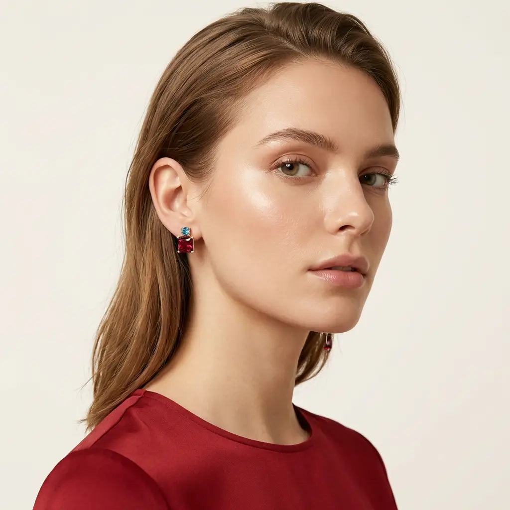 Garnet & Aquamarine Delicate Studs