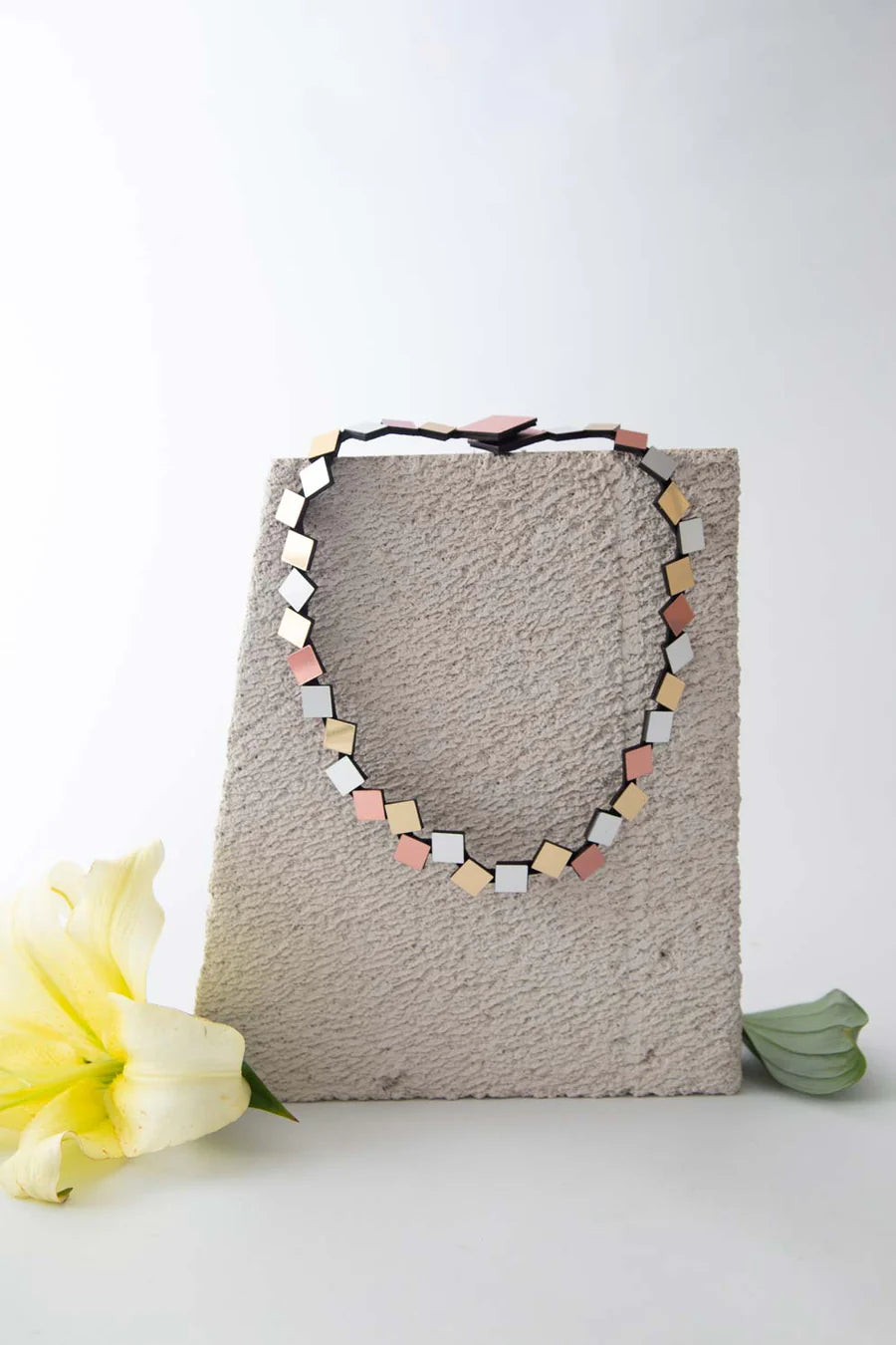 Bauhaus Round Squares Necklace - Silver + Gold + Copper