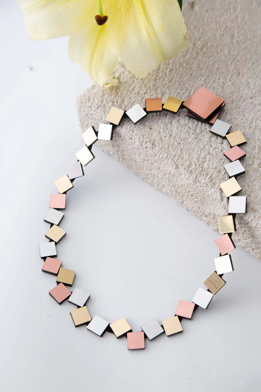Bauhaus Round Squares Necklace - Silver + Gold + Copper