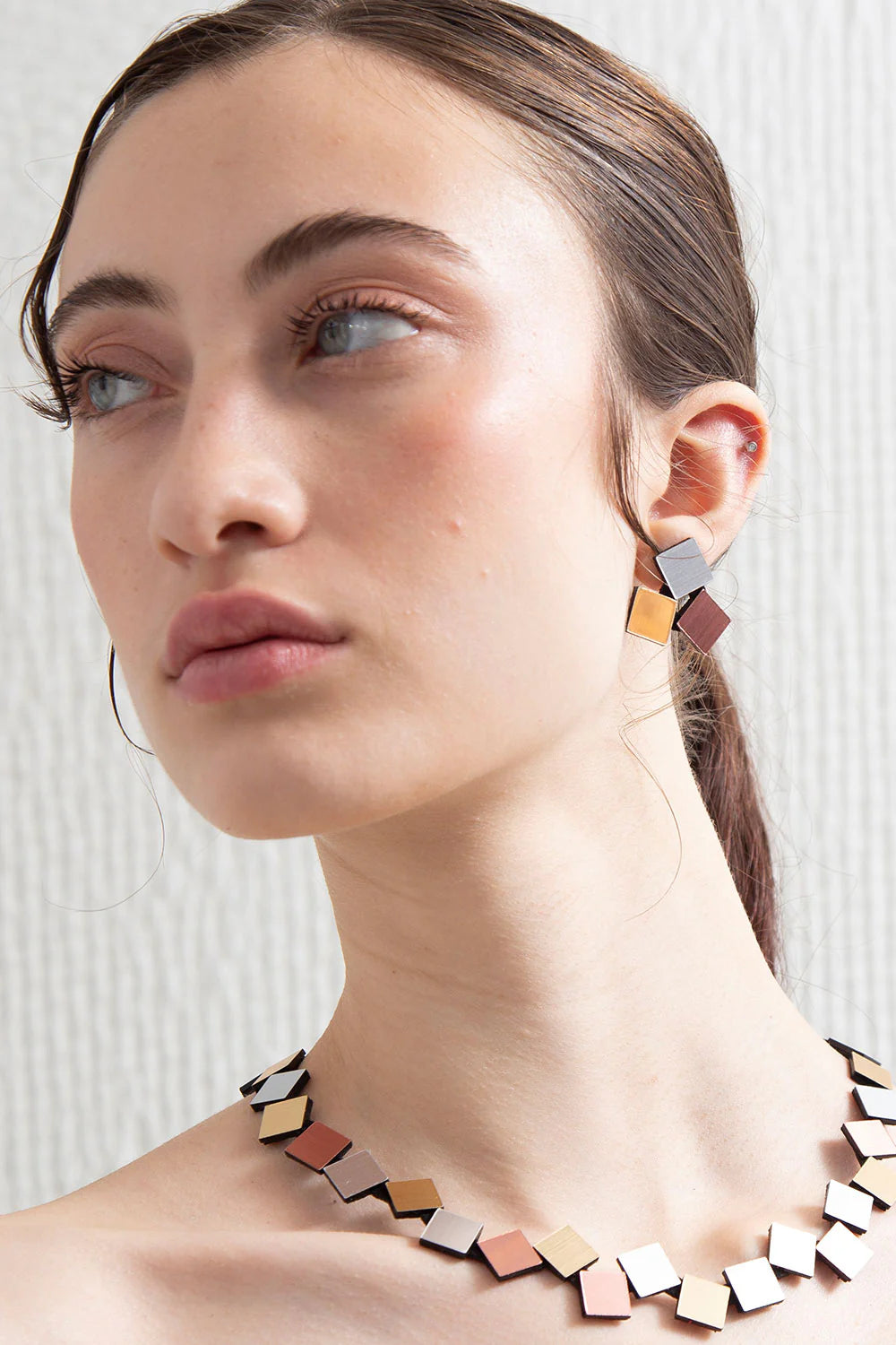 Bauhaus Earrings 3 Squares - Silver + Gold + Cooper