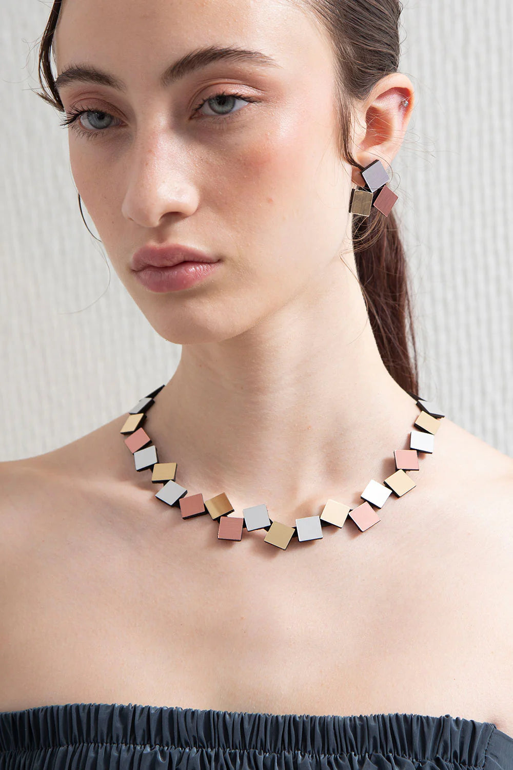 Bauhaus Round Squares Necklace - Silver + Gold + Copper
