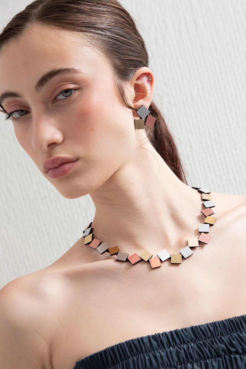 Bauhaus Round Squares Necklace - Silver + Gold + Copper