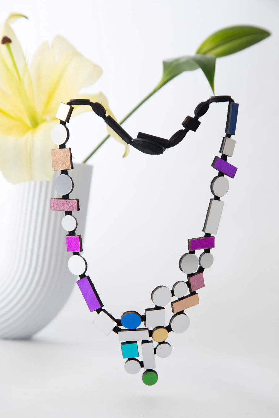 Bauhaus V Necklace - Silver + Rainbow