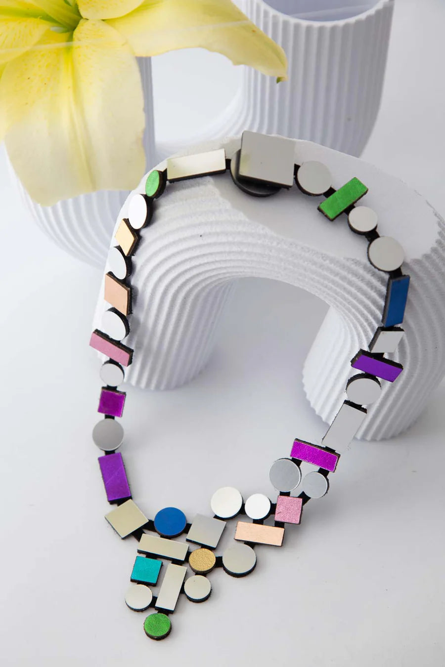 Bauhaus V Necklace - Silver + Rainbow