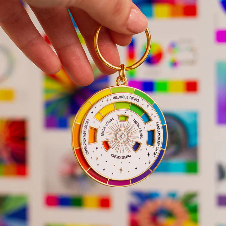 Color Wheel Interactive Spinner Enamel Keychain - White/Gold