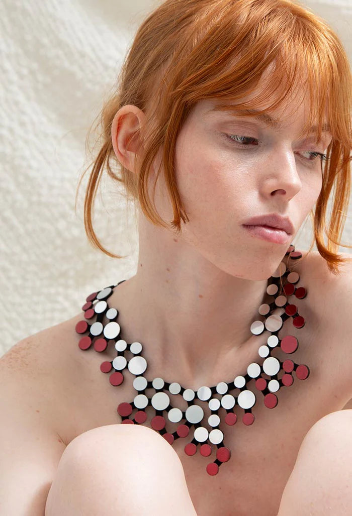 Abstraction Bib Necklace - Silver/Burgundy