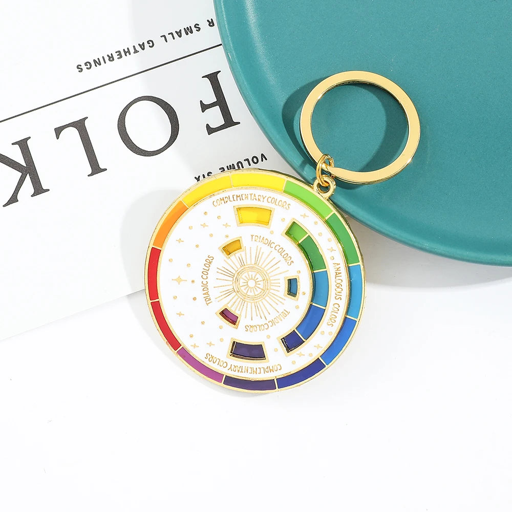 Color Wheel Interactive Spinner Enamel Keychain - White/Gold