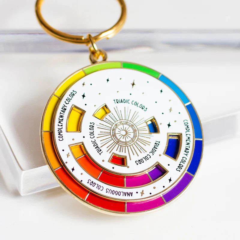 Color Wheel Interactive Spinner Enamel Keychain - White/Gold