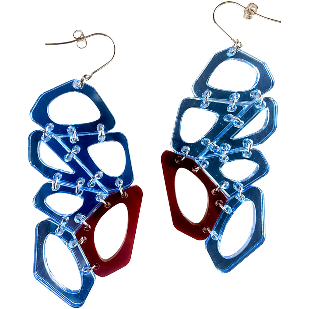 Voronoi Earrings - Blue and Bordeaux