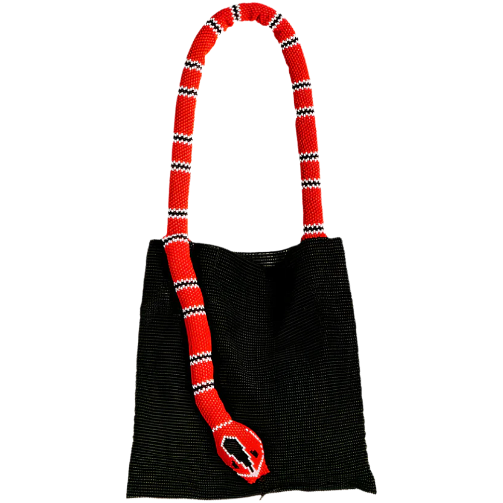 Red and White Serpent Hand Beaded Bag