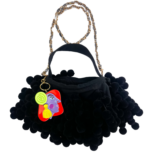 Black Pom-Pom Bag with Icon Charm