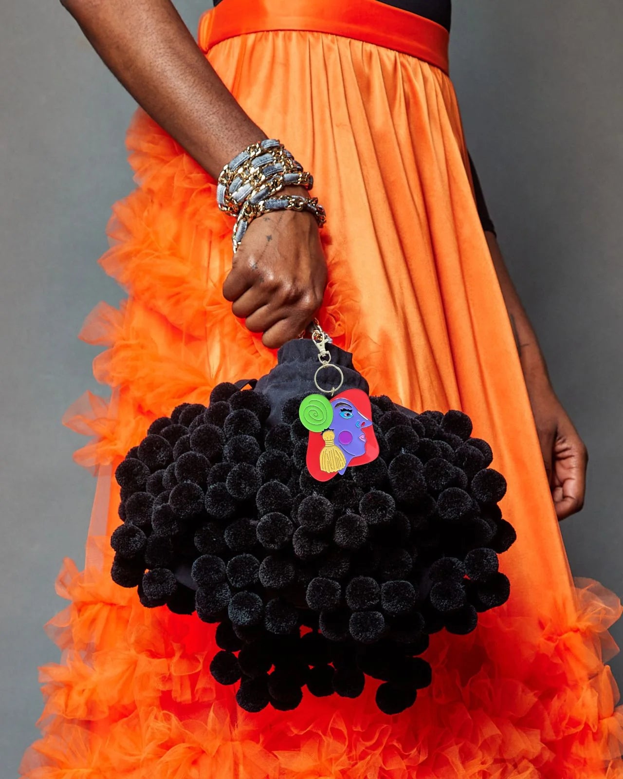 Black Pom-Pom Bag with Icon Charm