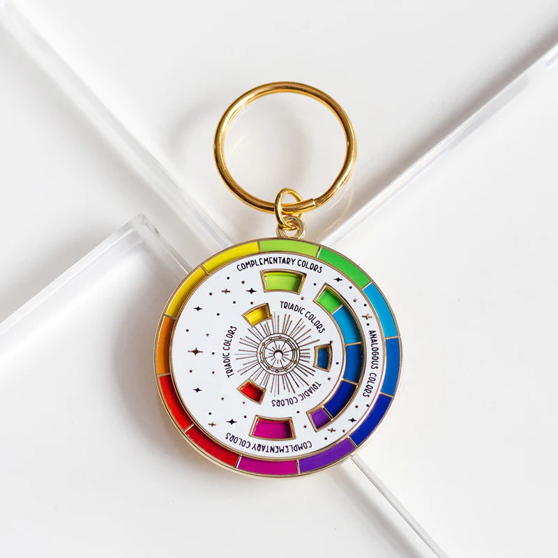 Color Wheel Interactive Spinner Enamel Keychain - White/Gold