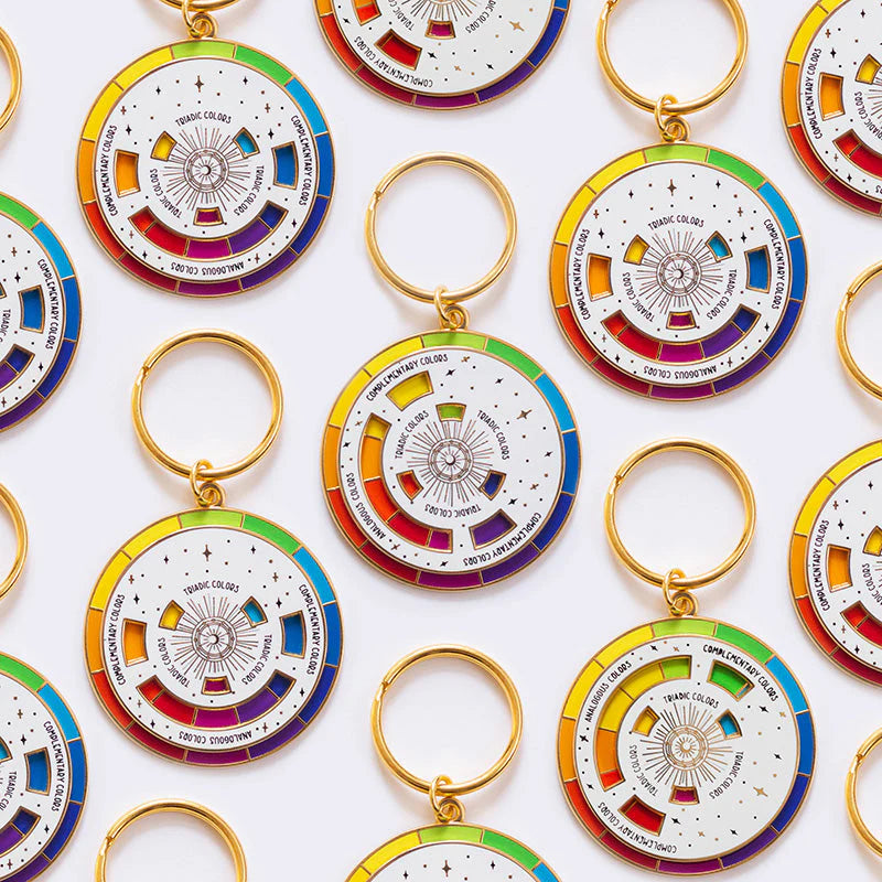Color Wheel Interactive Spinner Enamel Keychain - White/Gold